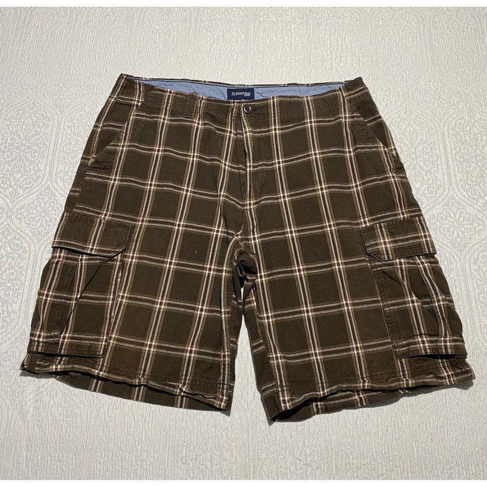 St Johns Bay Mens Cargo Shorts‎ Plaid Brown Cotton Casual Size 38
